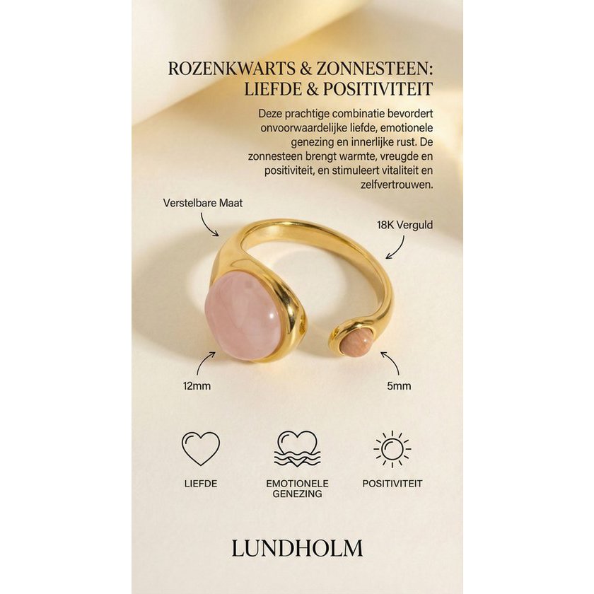 Sophia – Bague Ajustable avec Quartz Rose – Doré