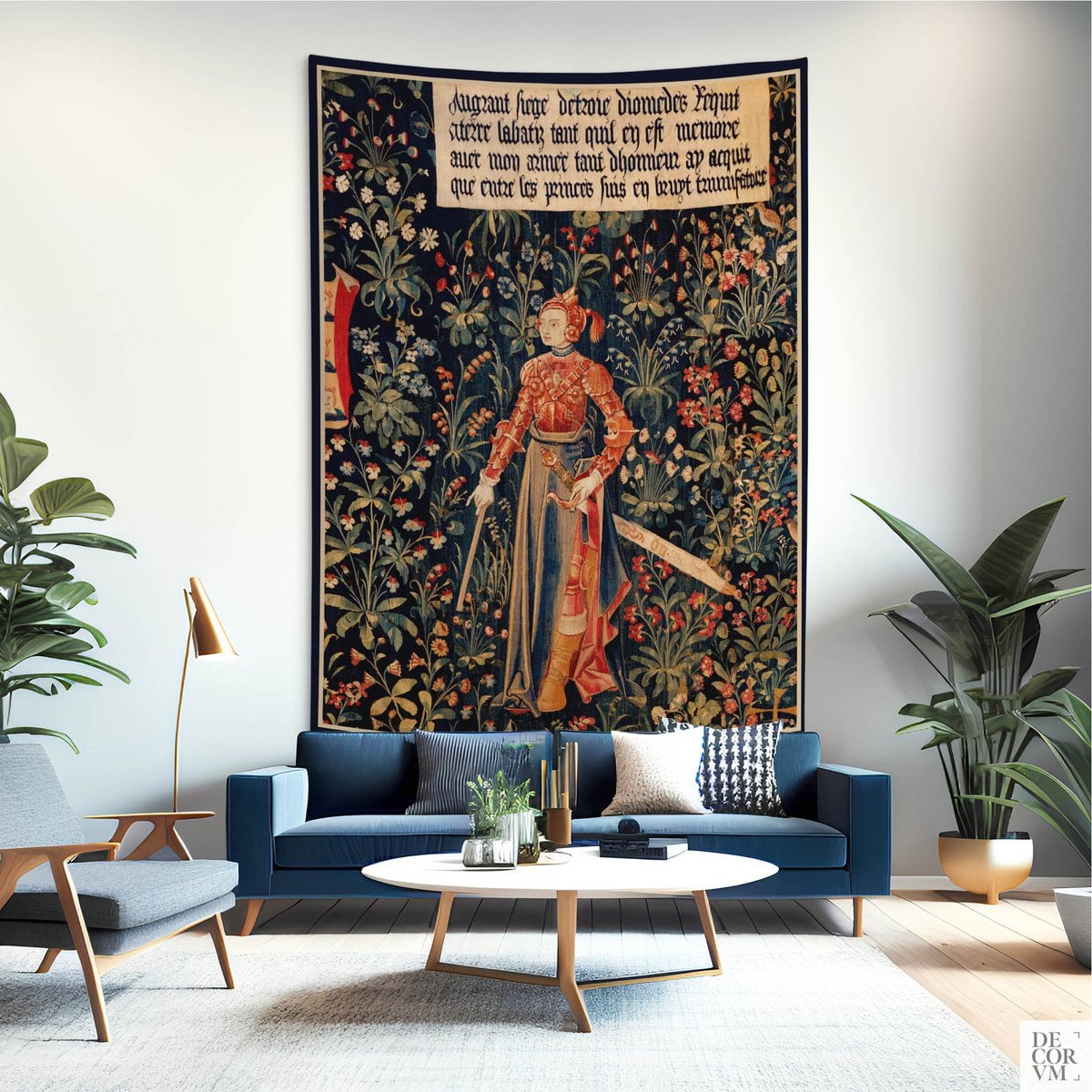 Tapisserie murale médiévale Amazon Queen Millefleurs — Navy Floral Warrior | MEV012