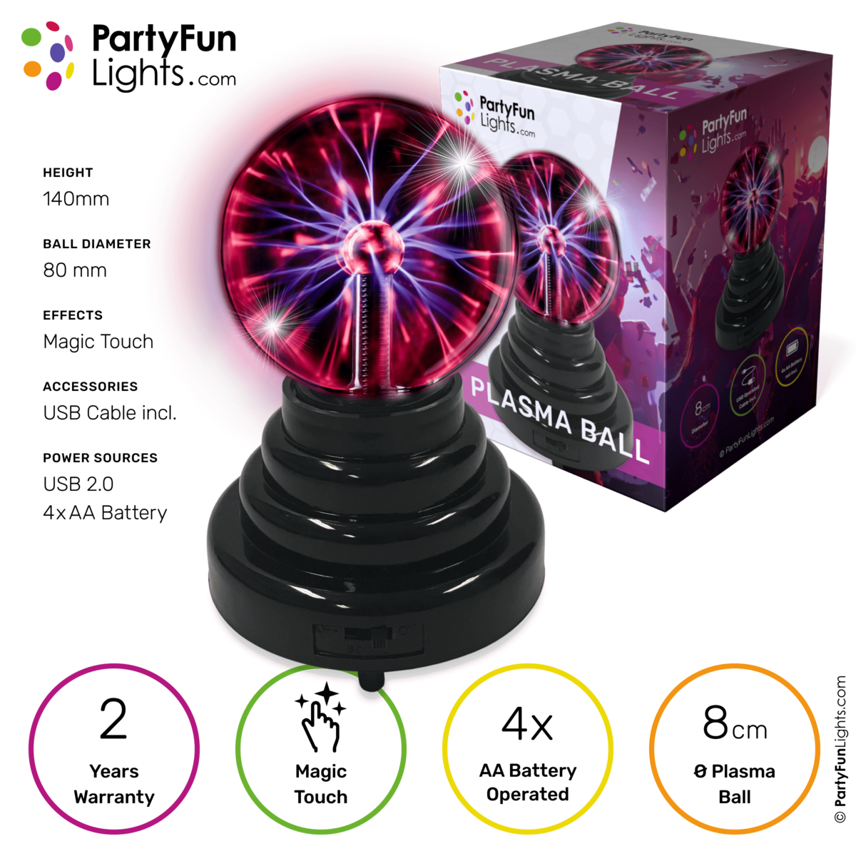 PartyFunLights - Mini kula plazmowa 3,5" - USB - Bateria