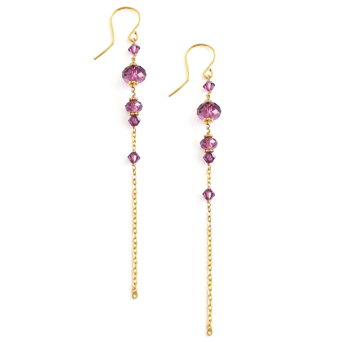 Boucles d'oreilles longues plaquées or 18 carats avec cristaux d'améthyste
