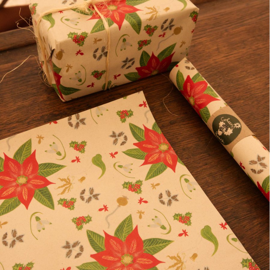 inpakpapier vintage kerstbloem rood