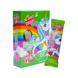 Unicorn-themed fruit bars in a 4-pack, made with no added sugars. Colorful packaging features a unicorn illustration.
