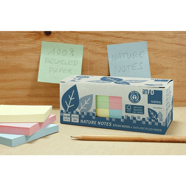 Info notes 75x75mm ass. recycled doos 12 blok geel, groen, rose, blauw