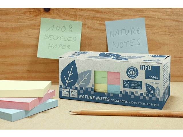 Info notes 75x75mm ass. recycled doos 12 blok geel, groen, rose, blauw