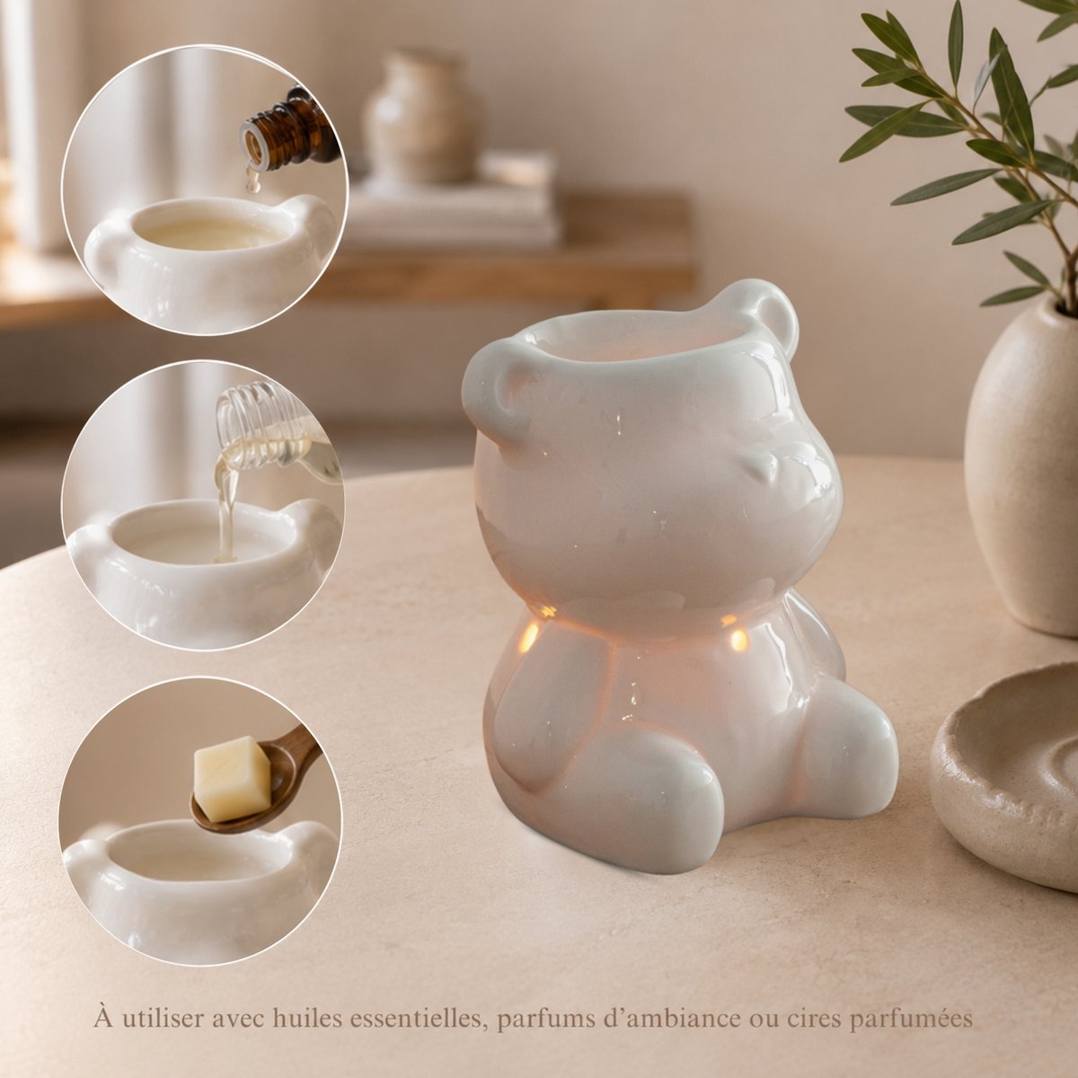 Céramy Series Perfume Burner – Teddy – Lacquered Ceramic Candle Holder – Diffusion of Scented Waxes, Essential Oils – Decorative Gift Idea