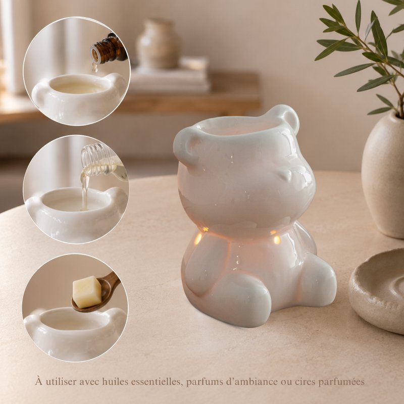Parfumbrander uit de serie Céramy – Teddy – Gelakte keramische kaarsenhouder – Verspreiding van geurende was, etherische oliën – Decoratief cadeau-idee