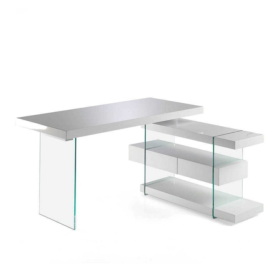 White wooden desk and tempered glass