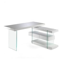 A modern white wooden desk with tempered glass shelves, providing a stylish and functional workspace.