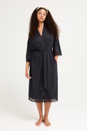  A long, black kimono-style robe made of soft, lightweight bamboo fabric with a lace trim. The robe features a wrap-around design with a tie waist and long, flowing sleeves.
