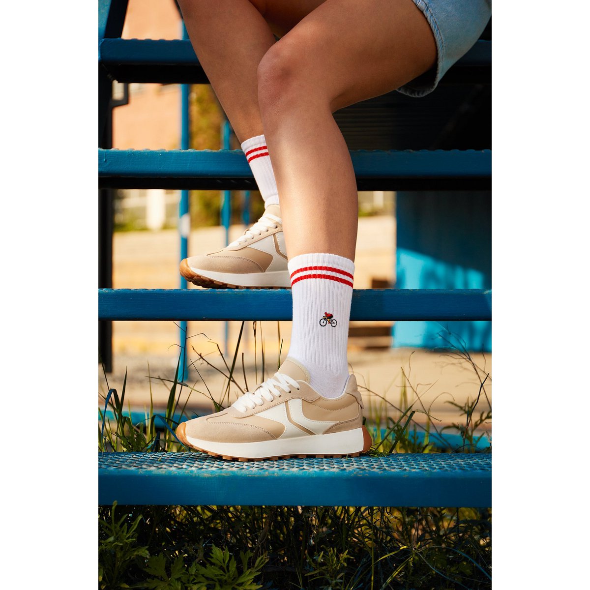 Organic Bicycle Socks - White tennis socks with embroidered cyclist
