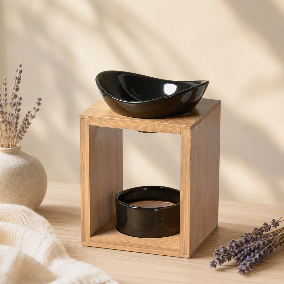 Quemador de perfume serie Naturea - Kalos - Portavelas de cera perfumada - Objeto decorativo de aromaterapia - Bambú y cerámica - Idea de regalo