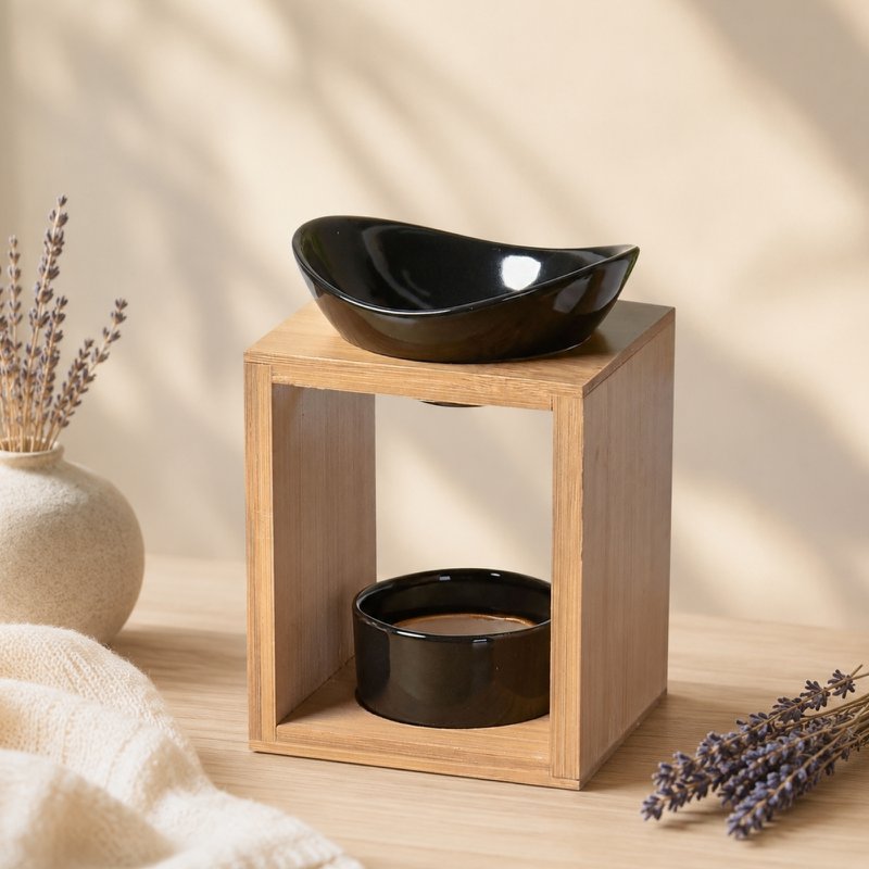 Quemador de perfume serie Naturea - Kalos - Portavelas de cera perfumada - Objeto decorativo de aromaterapia - Bambú y cerámica - Idea de regalo