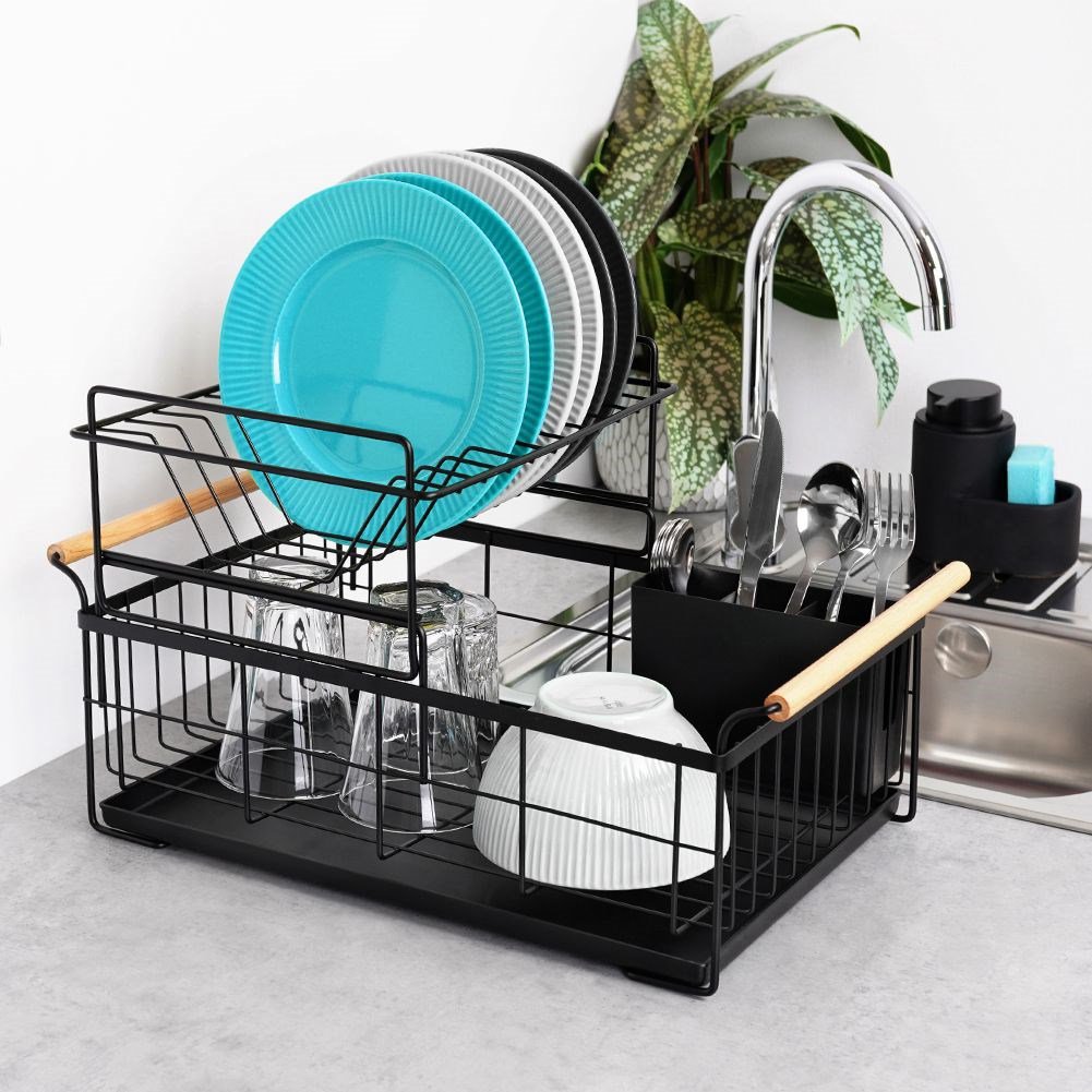 Dish drying rack black two-tier metal 48x29x28.5 cm