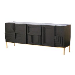 Sleek, modern sideboard with a dark wood finish and metal legs. Features multiple storage compartments for organization.