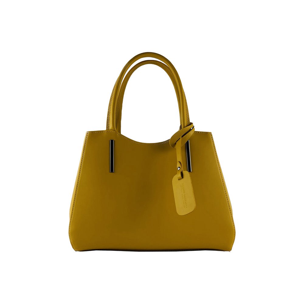 RB1004R | Bolso de Mano en Piel Auténtica Made in Italy con bandolera extraíble y mosquetones de metal color bronce - Color mostaza - Dimensiones: 33 x 25 x 15 cm + Asas 13 cm
