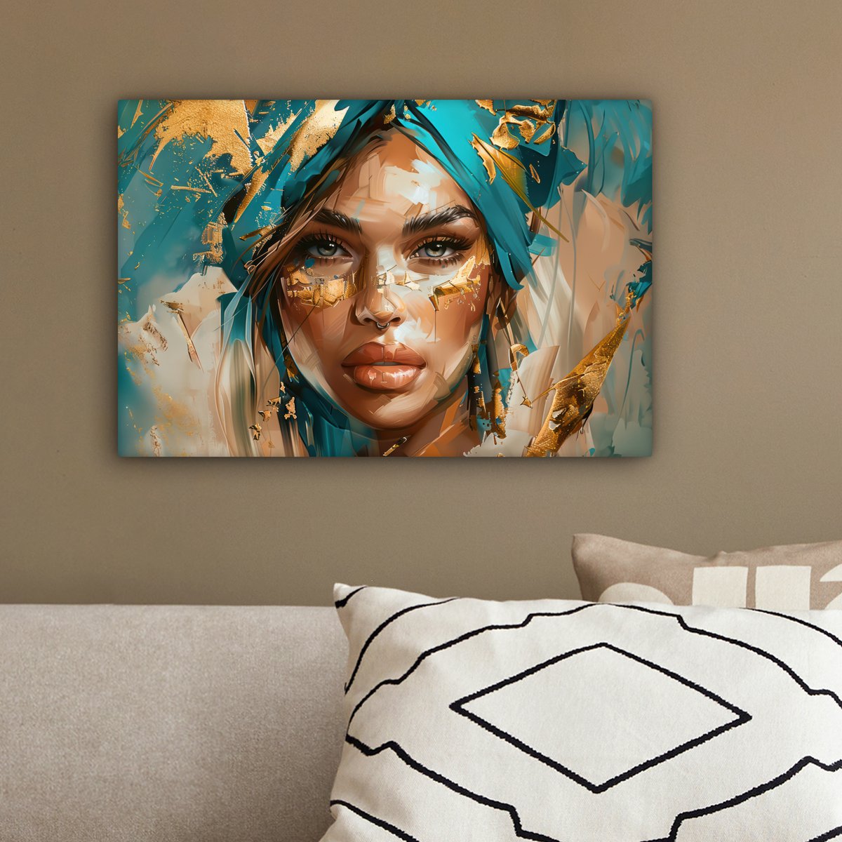 Canvas schilderij  - Wanddecoratie - Bloemen - Vaas - Stilleven - Beige