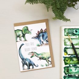 Tarjeta de felicitación pintada a mano con rugido de dinosaurio