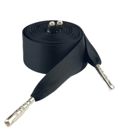 Black satin shoelaces with metal aglets.