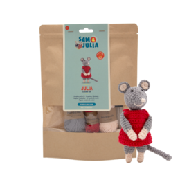 Crochet kit for a red mouse figure, includes yarn, crochet hook, and instructions. The kit is part of the Eco Dolls collection, featuring a cute and whimsical mouse design.