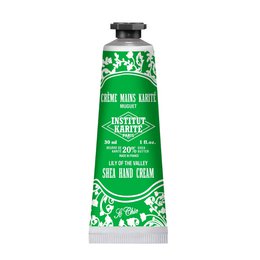 Shea hand cream with lily of the valley scent, 30 mL size, moisturizing formula for soft, smooth hands.
