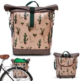 A pink and brown shoulder bag with a cactus print pattern, featuring a roll-top closure and adjustable straps.