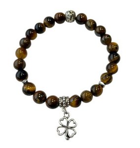 Women's bracelet Tiger Eye 8 mm with clover charm