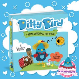 Colorful children's book with farm animal sounds and illustrations. Includes a blue bird character, farm animals, and interactive elements.