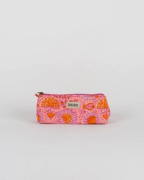  Pink quilted pencil case with colorful floral pattern, cylindrical shape, kids storage pouch