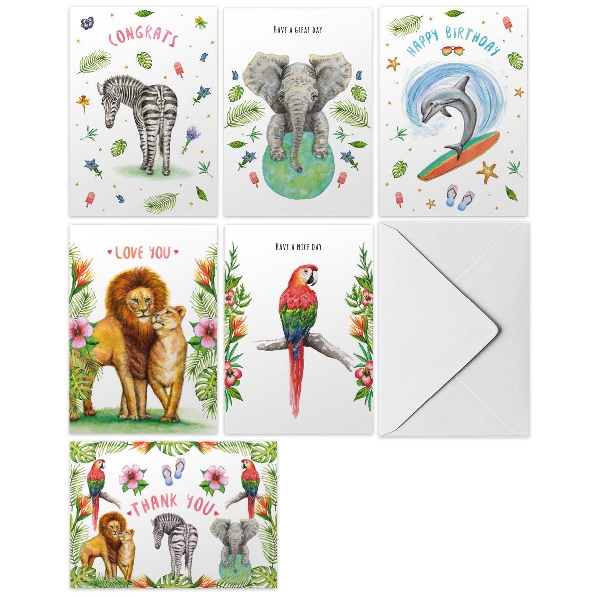 10 Tarjetas de Felicitación Mix - Dobladas con Sobre - Cumpleaños - Amor - Loro - Elefante - Cebra - Delfín - Leones - Tamaño A6 - Acuarela