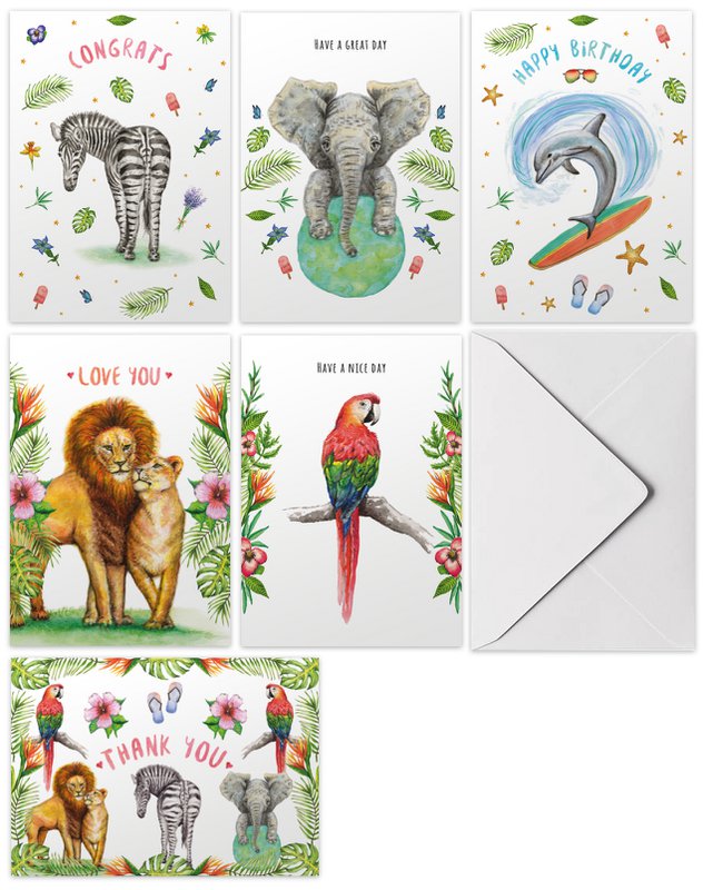 10 Grußkartenmischung - gefaltet mit Umschlag - Geburtstag - Liebe - Papagei - Elefant - Zebra - Delphin - Löwen - Größe A6 - Aquarell