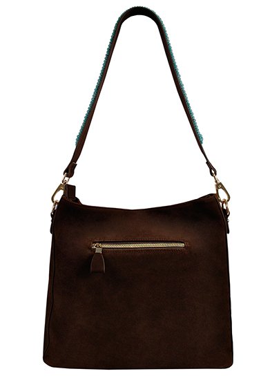 SAC BOHO IBIZA - Bandoulière aigue-marine (70cm) + Sac en daim (Cacao)