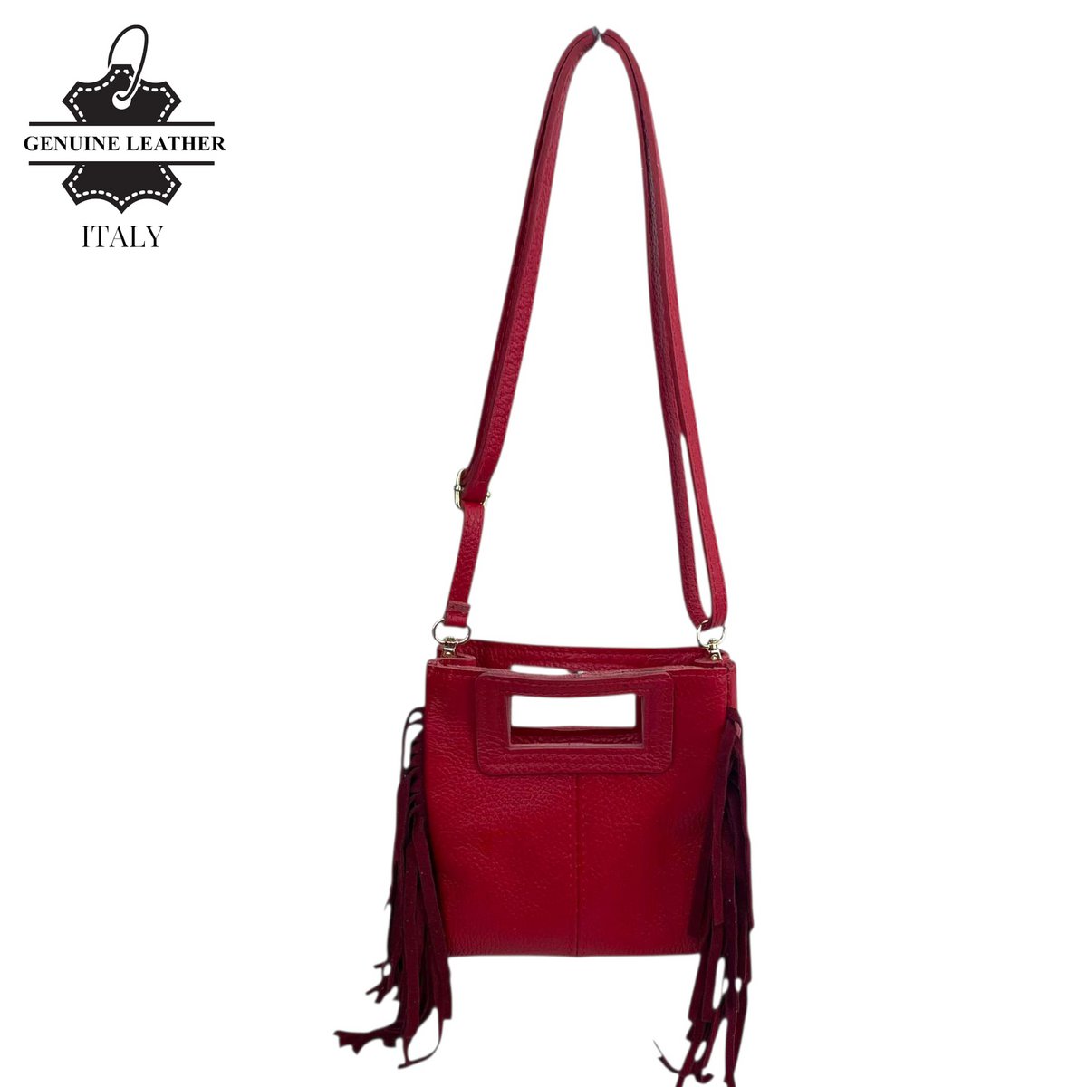 Compact Italian Leather Bag with Decorative Fringes 58026