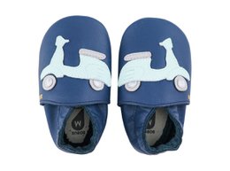  Navy blue baby shoes with white scooter/moped design. Soft, flexible sole suitable for infants and toddlers.
