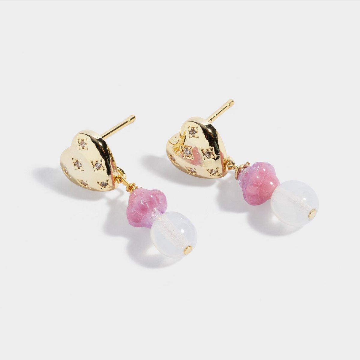 Gold plated heart stud earrings with crystal pendant pink