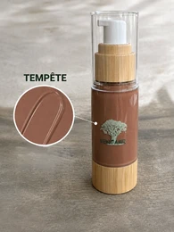 Liquid mineral foundation, brown bottle, natural SPF, wooden pump dispenser, eco-friendly packaging