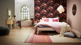 Red maximalistic floral non-woven wallpaper with dark romantic rose pattern, bold botanical design for bedroom walls.
