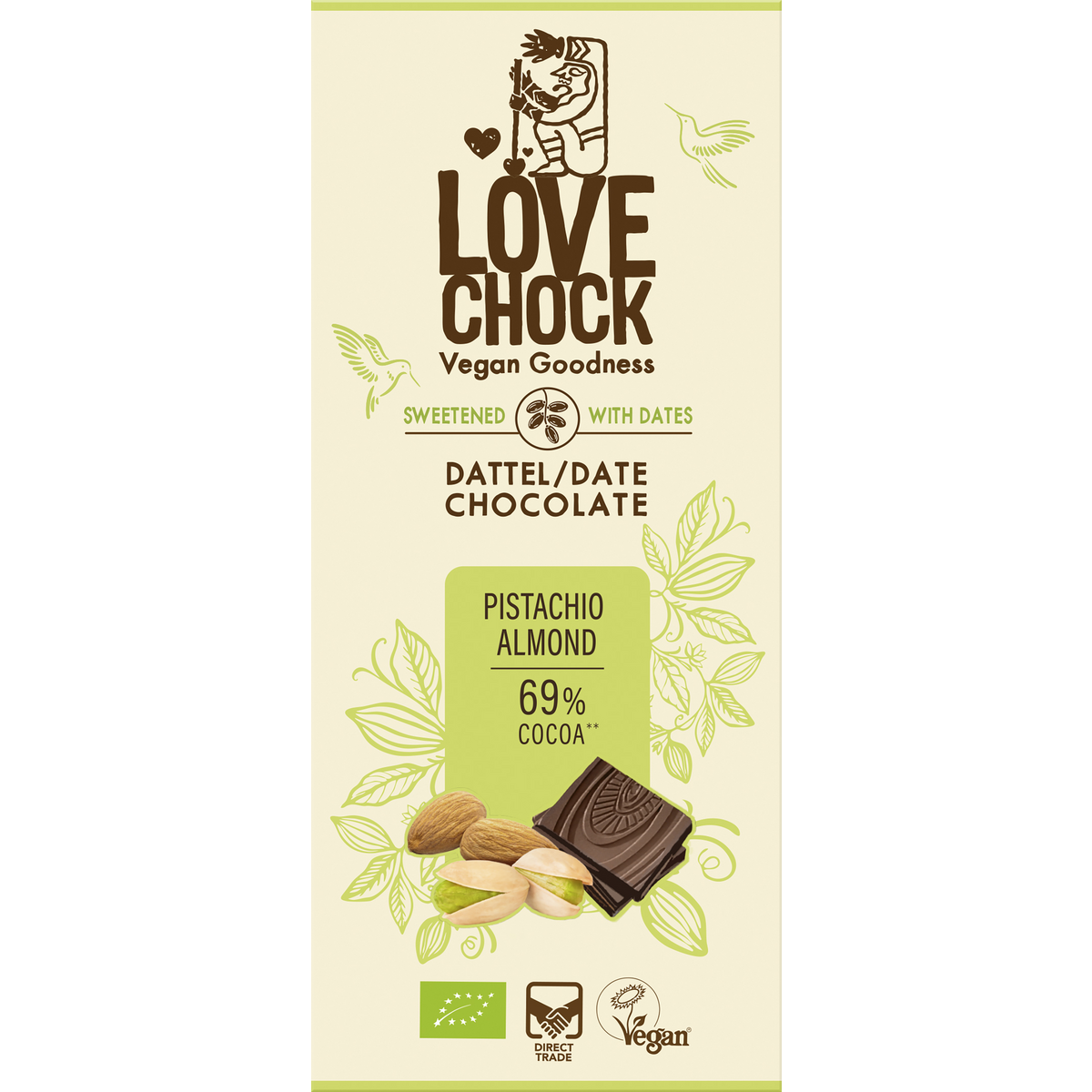 Chocolat sucré avec des dates pistache d'amande 69% de cacao - bio, végétalien, durable