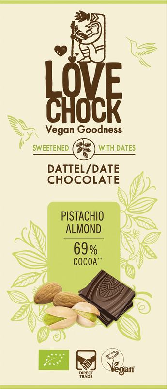 Cioccolato addolcito con date pistacchi di mandorle 69% cacao - bio, vegano, resistente