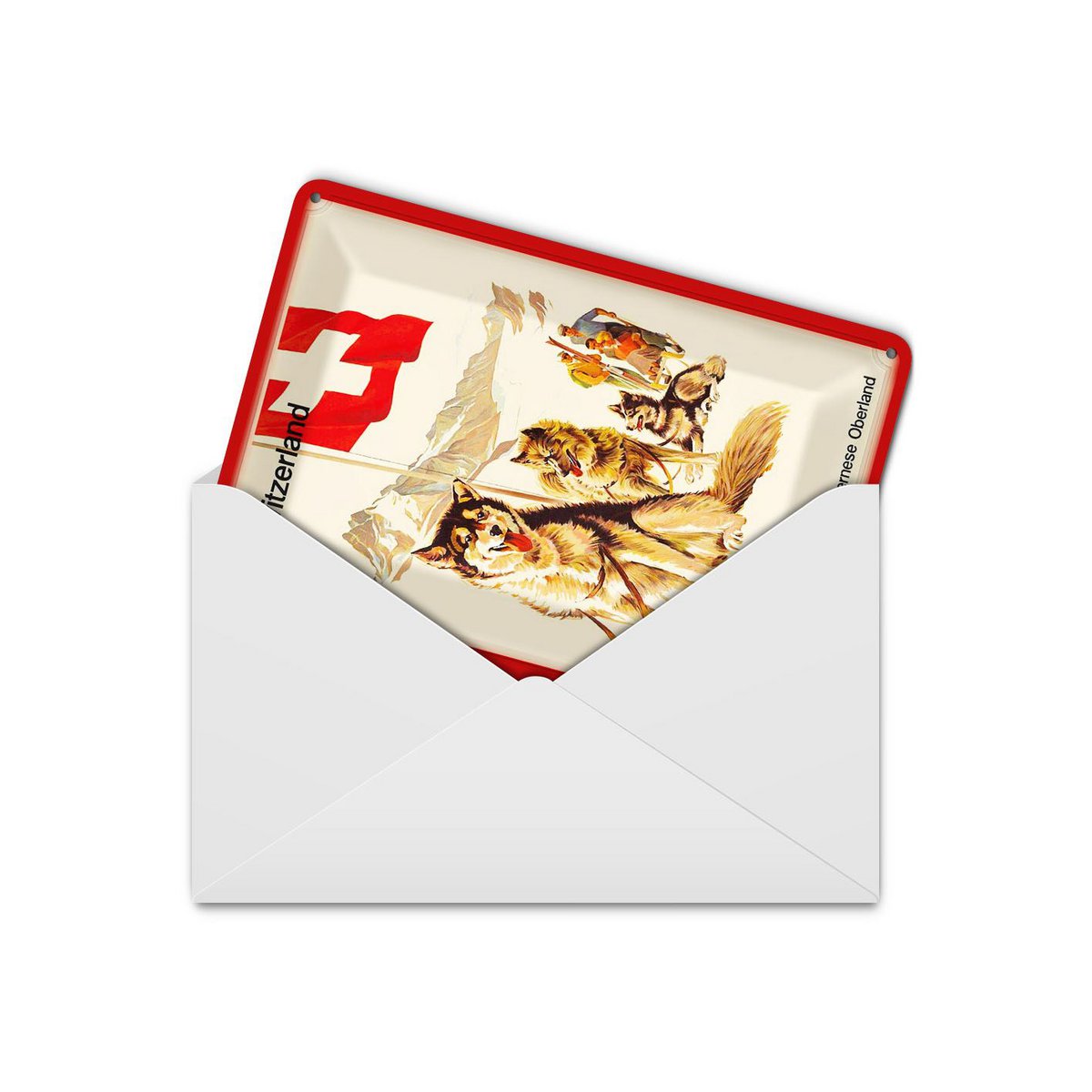 Tin postcard travel 10x14 cm Switzerland Jungfrau Bernese Oberland dog decorative sign