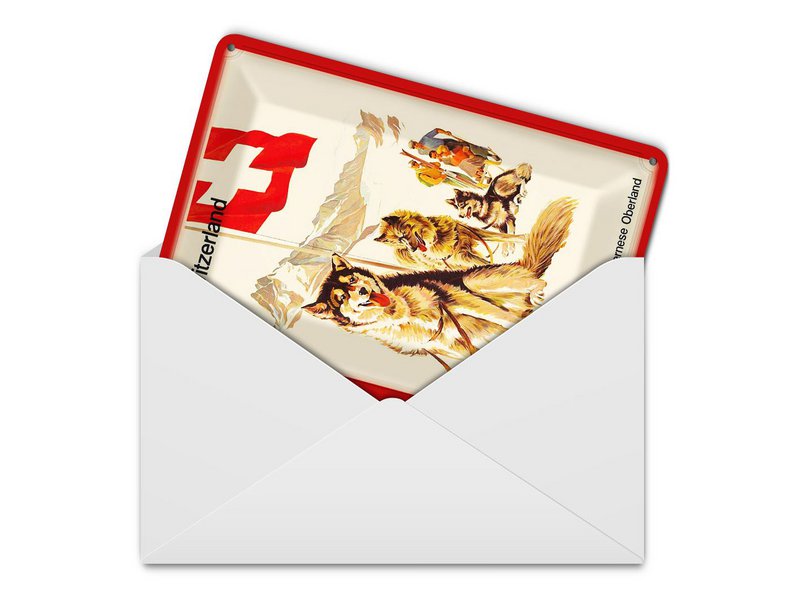 Tin postcard travel 10x14 cm Switzerland Jungfrau Bernese Oberland dog decorative sign