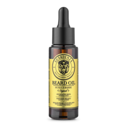 Beard oil with natural ingredients for grooming and conditioning facial hair. Amber-colored liquid in a glass bottle with dropper.