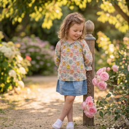 Colorful floral print blouse for kids, featuring a variety of vibrant patterns and designs. Made from soft, comfortable material suitable for everyday wear.