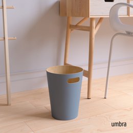 Slate blue wooden trash can with natural wood rim and handles, modern minimalist design
