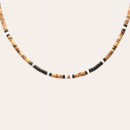 Onyx necklace with heishi beads in various earth-toned colors, including brown, black, and tan. The beads have a cylindrical, disc-like shape and are strung together to create a simple, elegant necklace.