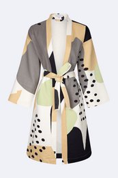 Colorful abstract patterned kimono with a belted waist and long sleeves. The kimono features a mix of geometric shapes, dots, and neutral tones of beige, gray, and black.
