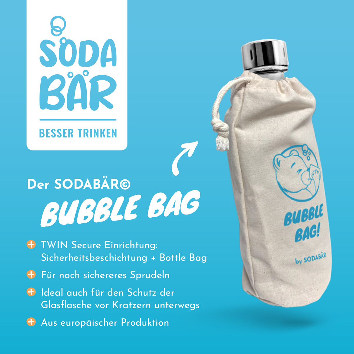 Glasflasche für Wassersprudler (SodaStream*, Aarke*, etc.) 0,7 l mit TWIN SECURE, transparent