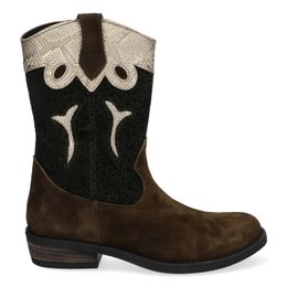 Cowboy-style kids' boots in a dark brown suede material with contrasting black and beige accents. The boots feature a classic western design with stitched details and a rounded toe.