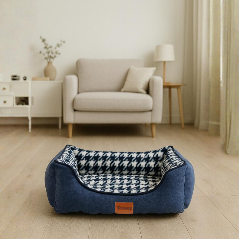 Yommy Haustierbett | Elegantes Hahnentritt-Design | Weiches und warmes Bett mit rutschfester Unterseite | Erhältlich in 3 Größen S/M/L und den Farben Grau, Blau und Schwarz | Ideal für Hunde und Katzen, bequem, langlebig und perfekt für den Winter