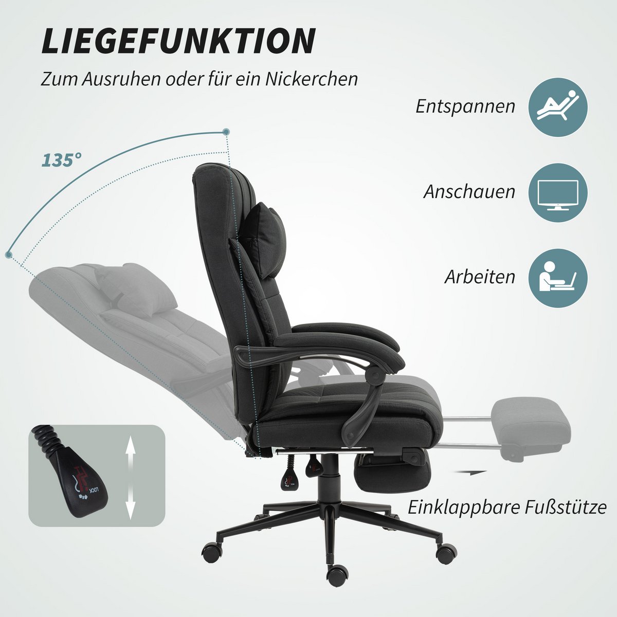 Office chair with pillow armrest Desk chair with tilt angle Height-adjustable swivel chair with footrest Linen foam PVC Light gray 66 x 76 x 112-120 cm