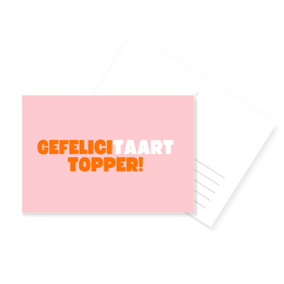 Light pink congratulations card topper with orange and white "Gefelicitaart Topper" text, Dutch greeting card decoration.